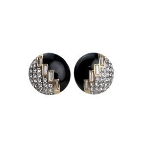 Swarovski Vintage Clip On Earrings Gold Tone Black Enamel Pave Baguette Crystals